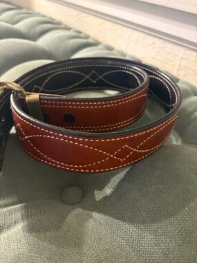 Bianchi Western Belt Brown Brass Buckle Geometric Stitching Men's ~ Size 45in